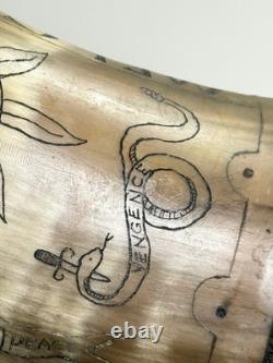 Vtg Folk Art Carved Powder Horn SNAKE sun LOOK moon Mel Casson