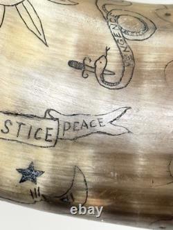 Vtg Folk Art Carved Powder Horn SNAKE sun LOOK moon Mel Casson