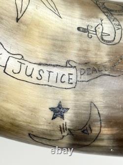 Vtg Folk Art Carved Powder Horn SNAKE sun LOOK moon Mel Casson