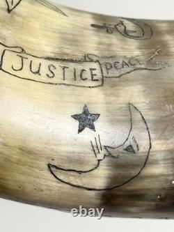 Vtg Folk Art Carved Powder Horn SNAKE sun LOOK moon Mel Casson