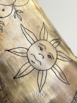 Vtg Folk Art Carved Powder Horn SNAKE sun LOOK moon Mel Casson