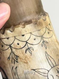 Vtg Folk Art Carved Powder Horn SNAKE sun LOOK moon Mel Casson