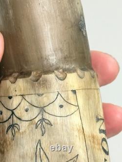 Vtg Folk Art Carved Powder Horn SNAKE sun LOOK moon Mel Casson
