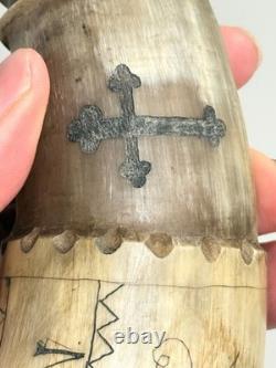 Vtg Folk Art Carved Powder Horn SNAKE sun LOOK moon Mel Casson