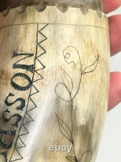 Vtg Folk Art Carved Powder Horn SNAKE sun LOOK moon Mel Casson