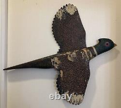 Vtg Folk Art Carved Wooden (2) Two-sided Hunting Decor Pheasant Original Surface