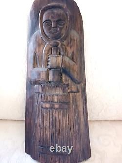Vtg Folk Art Hand Carved Polish Wood Wall Sculpture Woman Churn Signed Numbered