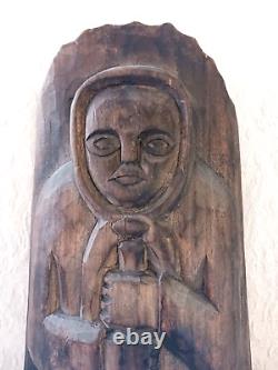 Vtg Folk Art Hand Carved Polish Wood Wall Sculpture Woman Churn Signed Numbered