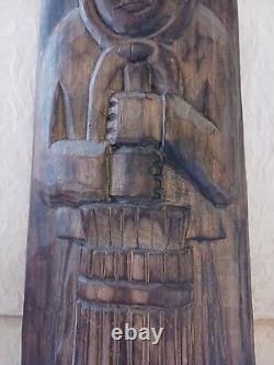 Vtg Folk Art Hand Carved Polish Wood Wall Sculpture Woman Churn Signed Numbered