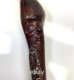 Vtg Folk Art Hand Carved Wrapped Snake with Face Head Figural Cane Walking Stick