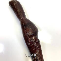 Vtg Folk Art Hand Carved Wrapped Snake with Face Head Figural Cane Walking Stick