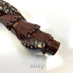 Vtg Folk Art Hand Carved Wrapped Snake with Face Head Figural Cane Walking Stick