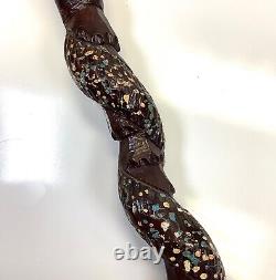 Vtg Folk Art Hand Carved Wrapped Snake with Face Head Figural Cane Walking Stick