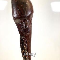 Vtg Folk Art Hand Carved Wrapped Snake with Face Head Figural Cane Walking Stick