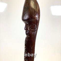 Vtg Folk Art Hand Carved Wrapped Snake with Face Head Figural Cane Walking Stick