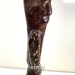 Vtg Folk Art Hand Carved Wrapped Snake with Face Head Figural Cane Walking Stick