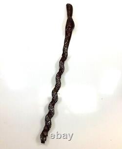 Vtg Folk Art Hand Carved Wrapped Snake with Face Head Figural Cane Walking Stick