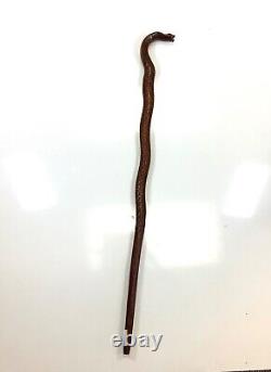 Vtg Folk Art Hand Carved Wrapped Snake with Face Head Figural Cane Walking Stick