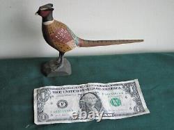 Vtg Folk Art Miniature Wooden Pheasant Hand Carved &signed Thor Hansen6lx5