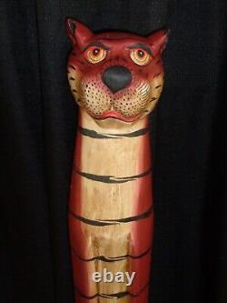 Vtg Funky Cat Folk Art 31.5 Tall Figurine Cool Shabby Tiki Hut Room Decor