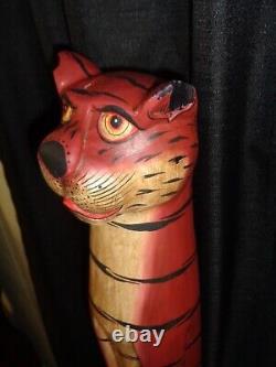 Vtg Funky Cat Folk Art 31.5 Tall Figurine Cool Shabby Tiki Hut Room Decor