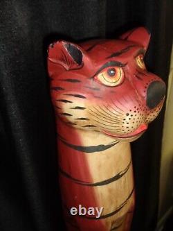 Vtg Funky Cat Folk Art 31.5 Tall Figurine Cool Shabby Tiki Hut Room Decor