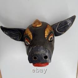 Vtg Hand Carved Painted Wood BALINESE Indonesian Pig Wild Boar 9x14 Folk Art