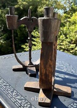 Vtg Hand Carved Swedish Wood Candlestick Pair Folk Art Nordic Stake Elis Tasre