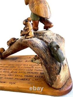Vtg Hand Carved Wood Folk Art Carving/Sculpture, Pied Piper of Hamelin, BNJ 1970
