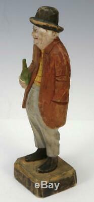 Vtg Hand-Carved Wood Wooden Old Man with Bottle Hobo Figure Quebec Canada Folk Art