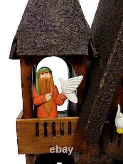 Vtg Hand Carved Wooden Tree House Clock FOLK ART Bearded men Doves