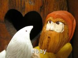 Vtg Hand Carved Wooden Tree House Clock FOLK ART Bearded men Doves