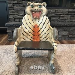 Vtg Hand Painted Carved Wood Bengal Tiger Chair Folk Art 27 Plant Stand Crafted