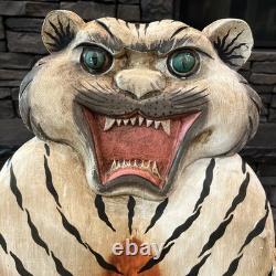 Vtg Hand Painted Carved Wood Bengal Tiger Chair Folk Art 27 Plant Stand Crafted