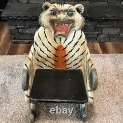 Vtg Hand Painted Carved Wood Bengal Tiger Chair Folk Art 27 Plant Stand Crafted