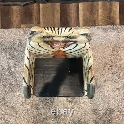 Vtg Hand Painted Carved Wood Bengal Tiger Chair Folk Art 27 Plant Stand Crafted