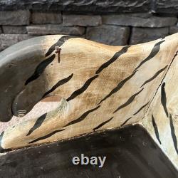 Vtg Hand Painted Carved Wood Bengal Tiger Chair Folk Art 27 Plant Stand Crafted