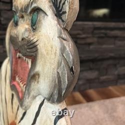 Vtg Hand Painted Carved Wood Bengal Tiger Chair Folk Art 27 Plant Stand Crafted