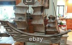 Vtg Large Carved Cedar Ship With 3 Sails Folk Art WITCO 1960s Patina 3'×2' Tiki