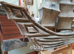 Vtg Large Carved Cedar Ship With 3 Sails Folk Art WITCO 1960s Patina 3'×2' Tiki