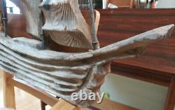 Vtg Large Carved Cedar Ship With 3 Sails Folk Art WITCO 1960s Patina 3'×2' Tiki