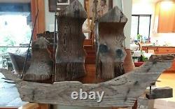 Vtg Large Carved Cedar Ship With 3 Sails Folk Art WITCO 1960s Patina 3'×2' Tiki