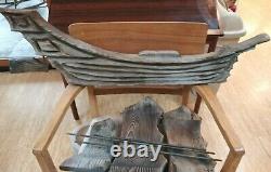 Vtg Large Carved Cedar Ship With 3 Sails Folk Art WITCO 1960s Patina 3'×2' Tiki