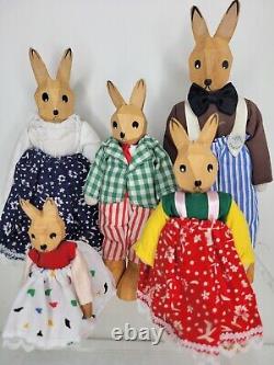 Vtg Lotte Sievers Folk Art Rabbits Handcarved Germany Wooden Bunny Family 5 Lot