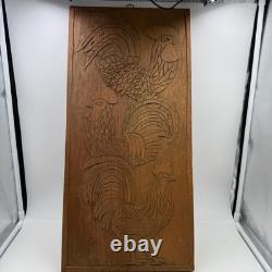 Vtg MCM Hand Carved Folk Art Rooster Wall Wood Panel Rustic Farmhouse 24 Long