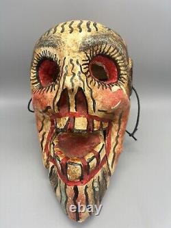 Vtg Mexican Folk Art Hand Carved Painted Wood Skull Dia De Los Muertos