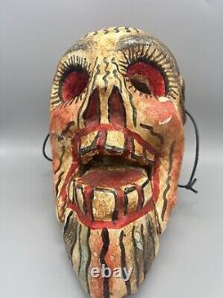 Vtg Mexican Folk Art Hand Carved Painted Wood Skull Dia De Los Muertos