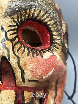 Vtg Mexican Folk Art Hand Carved Painted Wood Skull Dia De Los Muertos