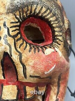 Vtg Mexican Folk Art Hand Carved Painted Wood Skull Dia De Los Muertos