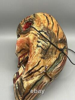 Vtg Mexican Folk Art Hand Carved Painted Wood Skull Dia De Los Muertos